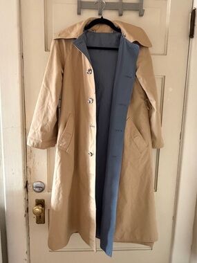 Baby blue and tan reversible trench coat